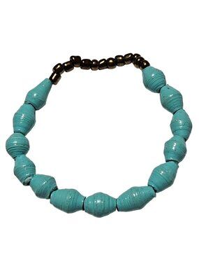 Handcrafted Paper Beaded Bracelet Eco Friendly Recycled Blue Gold Beads Elastic